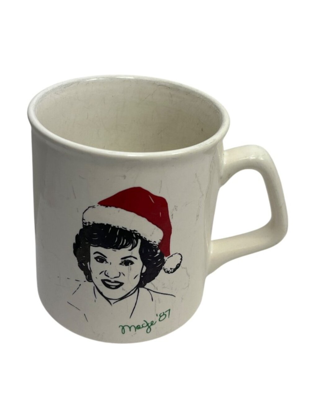 Holiday Greetings From Madge 87 Palmolive Christmas Mug Retro Ceramic 3.5" Tall